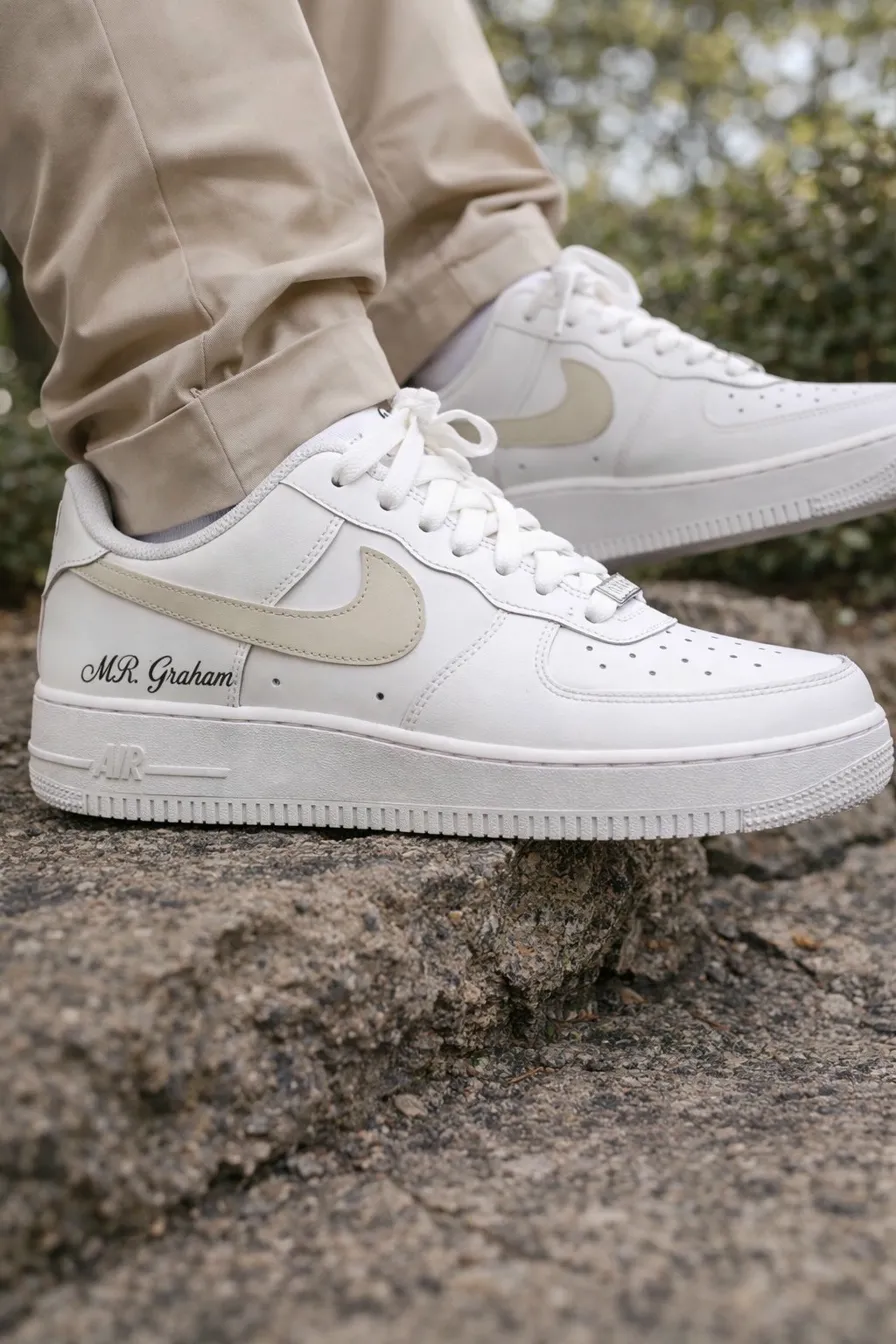 Matching bride groom custom wedding Air Force 1s gold edition